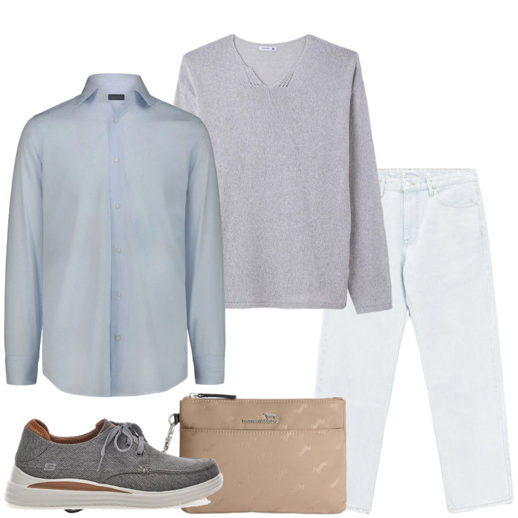 Outfit uomo - Eleganza Casual. Stile Urban per Tutti i giorni. Abbinamento con borse sportive, jeans, scarpe stringate, camicie, maglieria.