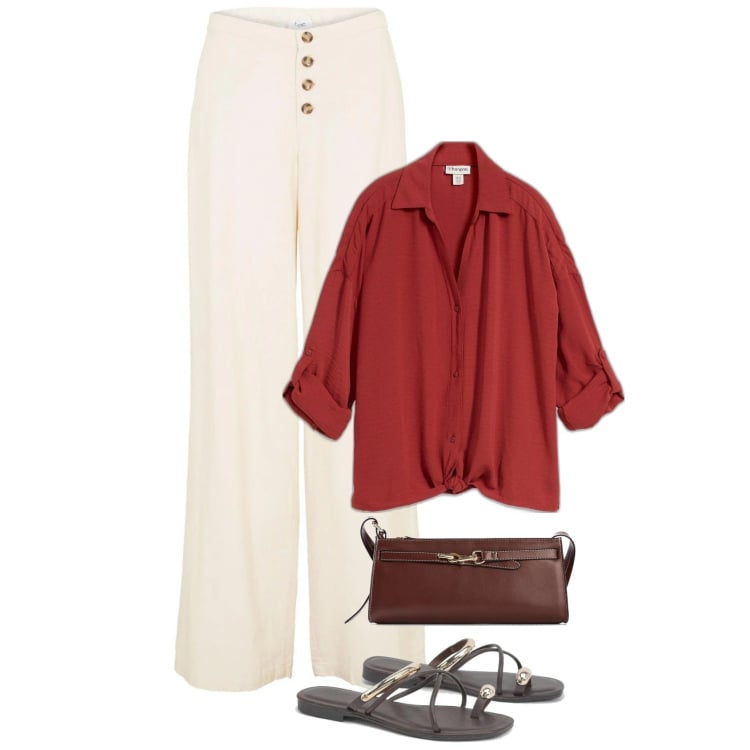 Outfit femme - Chemise manches réglables. Style Casual chic pour Tous les jours. Assortir avec pantalon large en bas, sacs en bandoulière, chemisiers, sandales.