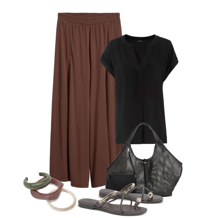 Outfit femme - Jupe culotte fluide. Style Boho pour Tous les jours. Assortir avec jupe-culotte, sac cabas, tuniques, bracelets, sandales.