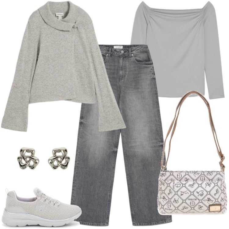 Outfit donna - Il ritorno del grigio in primavera. Stile Casual chic per Tutti i giorni. Abbinamento con maglieria, cardigans, orecchini, jeans, borse a tracolla, sneakers.