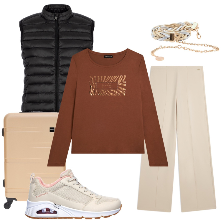Outfit donna - Sfumature di Terra. Stile Casual chic per Tutti i giorni. Abbinamento con cinture, t-shirt, pantaloni, piumini, valigie, sneakers.