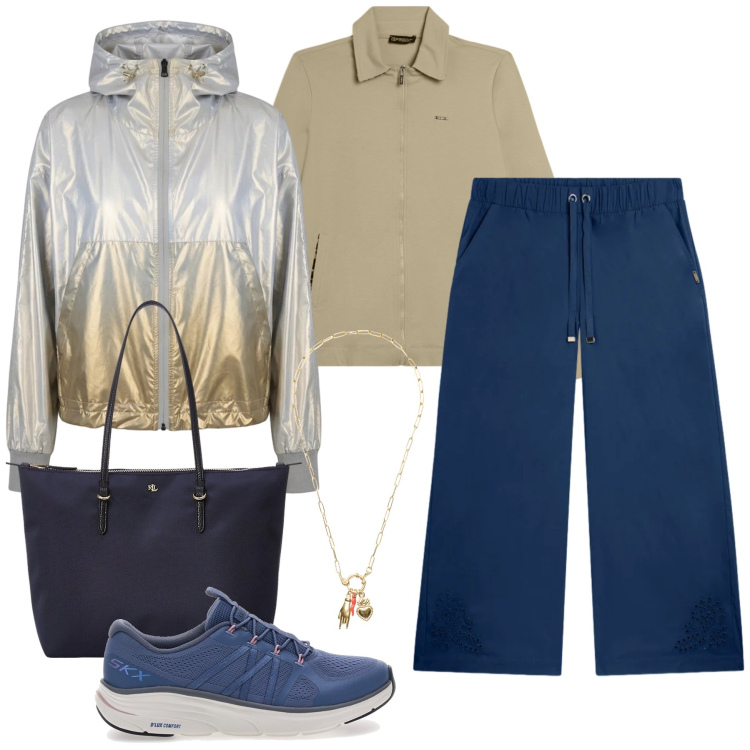 Outfit donna - Il Look Sporty-Chic Rigenerante. Stile Casual chic per Tutti i giorni. Abbinamento con ciondoli, pantaloni, felpe, bomber, borse tote, sneakers.