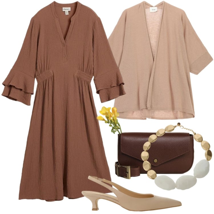 Outfit donna - Curve in movimento - curvy. Stile Casual chic per Tutti i giorni. Abbinamento con vestiti midi/longuette, cardigans, borse a tracolla, collane, décolleté.