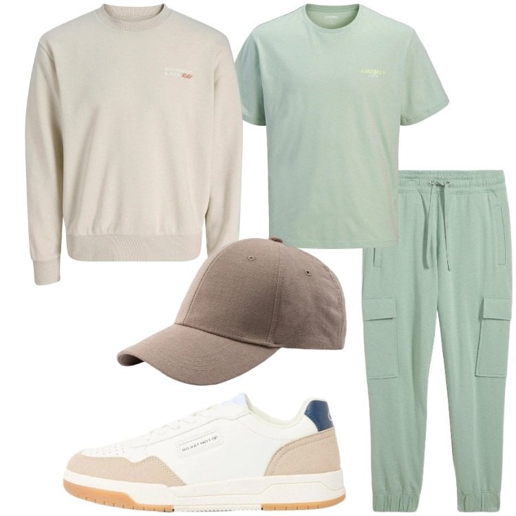 Outfit uomo - Colori chiari primaverili. Stile Casual per Tutti i giorni. Abbinamento con t-shirt, sneakers, felpe, pantaloni, cappelli con visiera.
