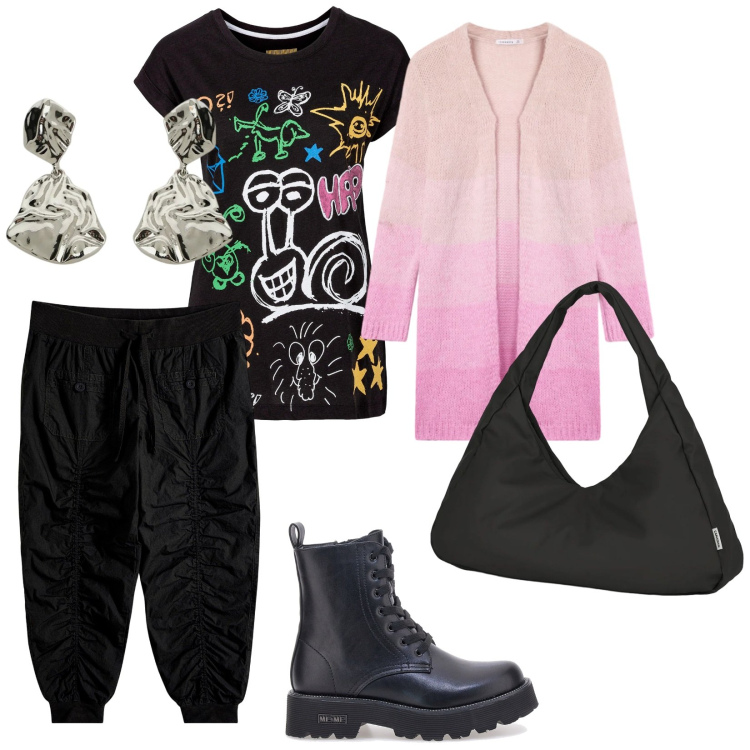 Outfit donna - Curvy Urban. per Scuola/Università. Abbinamento con t-shirt, pantaloni capri, orecchini, borse a spalla, anfibi, cardigans.