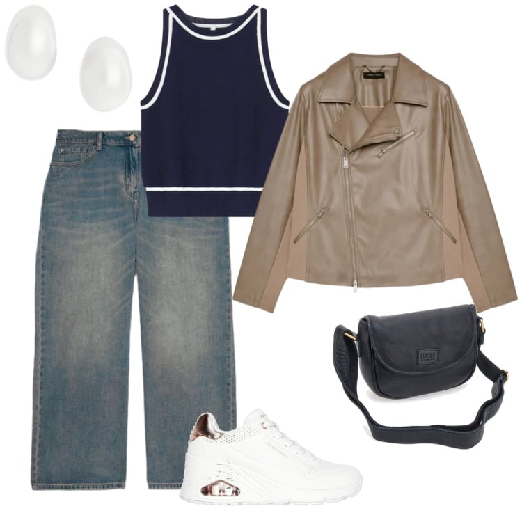 Outfit donna - Curvy di giorno. per Tutti i giorni. Abbinamento con blazer, jeans, top, orecchini, sneakers alte, borse a tracolla.