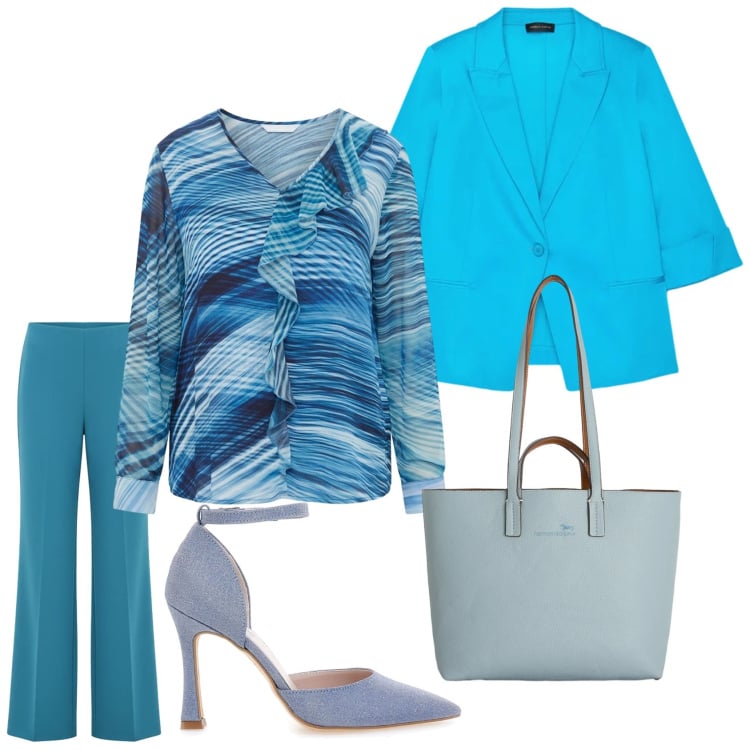 Outfit donna - Blu , turchese ecc. Stile Chic per Serata fuori. Abbinamento con blazer, bluse, shopping bag, pantaloni a palazzo, décolleté.