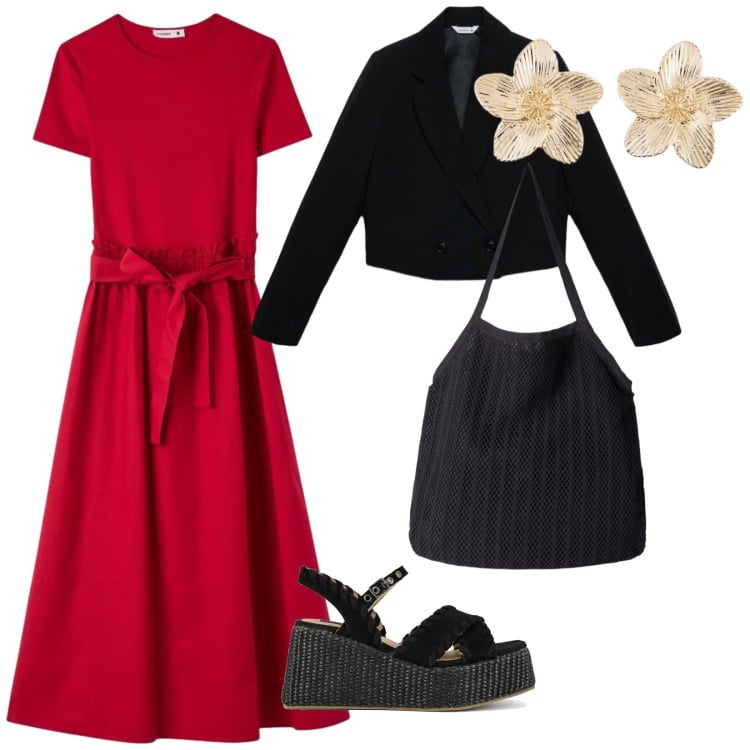 Outfit donna - Curvy style. per Serata fuori. Abbinamento con orecchini, vestiti lunghi, zeppe, blazer, shopping bag.