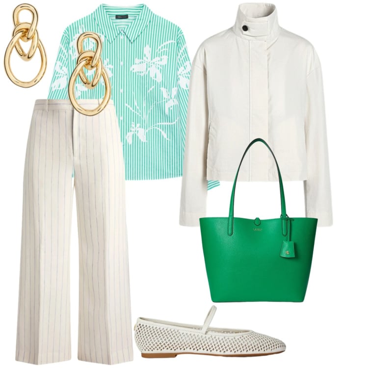 Outfit donna - Aprile. per Ufficio. Abbinamento con camicie, bomber, borse tote, pantaloni, ballerine, orecchini.