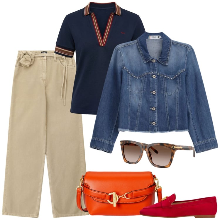 Outfit donna - I pantaloni col fiore. Stile Casual per Ufficio. Abbinamento con blazer, polo, pantaloni a palazzo, occhiali da sole, borse a tracolla, mocassini.