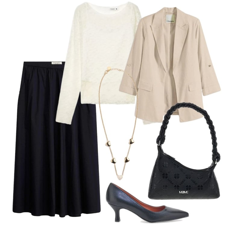 Outfit donna - Gonna midi eleganza e confort. Stile Casual chic per Ufficio. Abbinamento con blazer, gonne longuette, collane, décolleté, t-shirt, borse a mano.