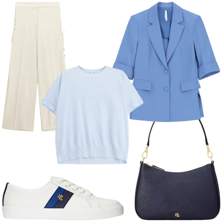 Outfit donna - Total look #2375113. Stile Casual chic per Tutti i giorni. Abbinamento con blazer, t-shirt, pantaloni, borse a spalla, sneakers.