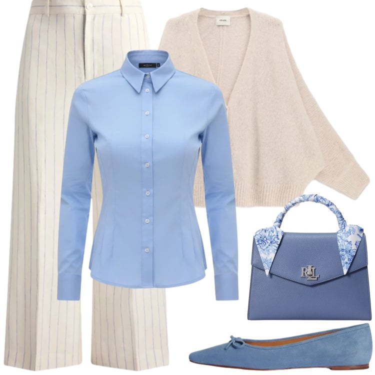 Outfit donna - Armonia Pastello. Stile Casual chic per Ufficio. Abbinamento con camicie, cardigans, ballerine, borse a mano, pantaloni.