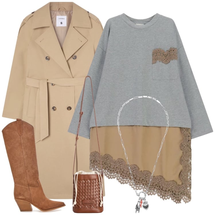 Outfit donna - Total look #2375116. Stile Casual chic per Tutti i giorni. Abbinamento con borse a secchiello, vestiti lunghi, ciondoli, trench, stivali.