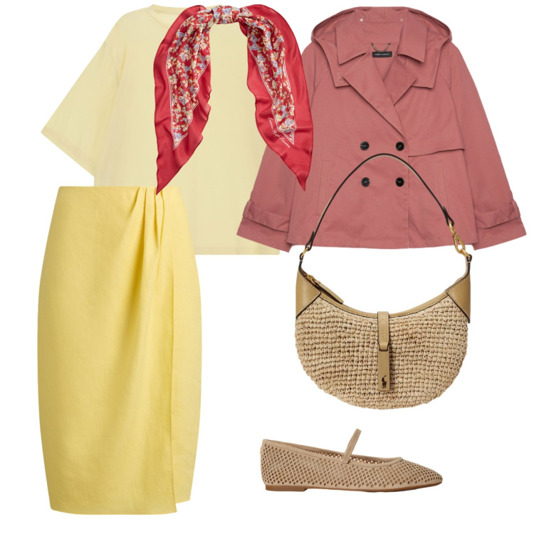 Outfit donna - Aprile. per Tutti i giorni. Abbinamento con trench, t-shirt, borse a spalla, gonne, foulard, ballerine.