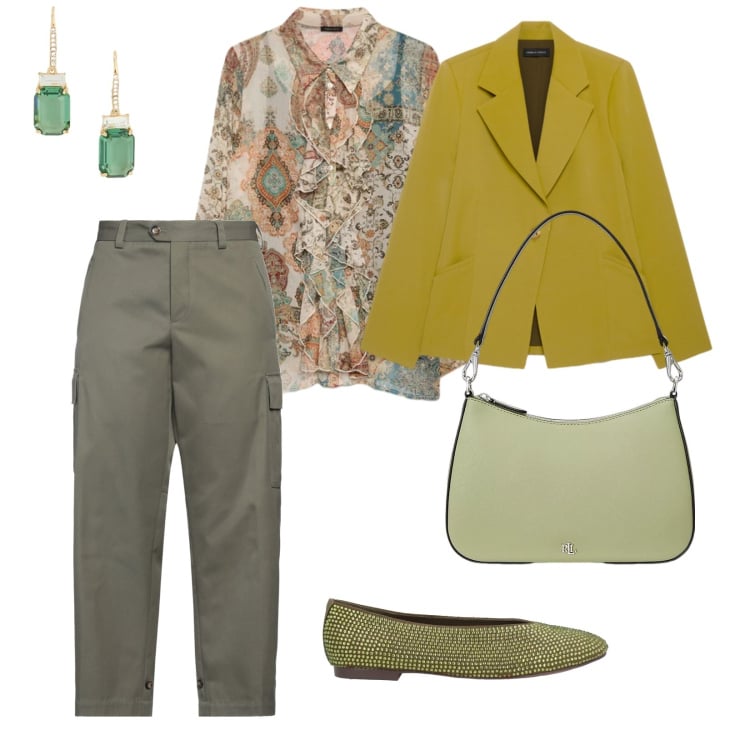 Outfit donna - Aprile. per Tutti i giorni. Abbinamento con pantaloni cargo, ballerine, camicie, blazer, borse a spalla, orecchini.