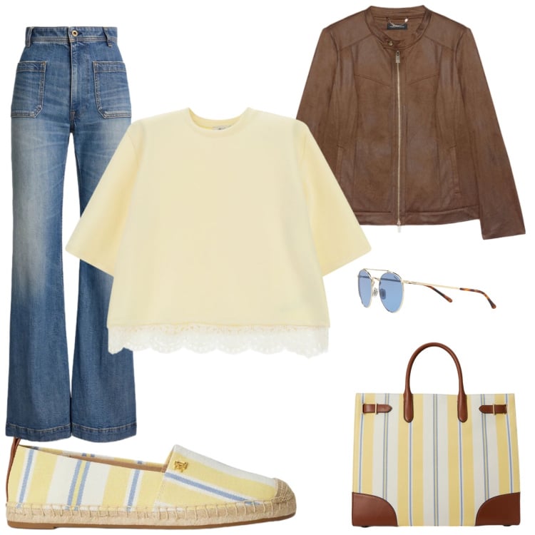 Outfit donna - Sunshine Casual. Stile Casual per Tutti i giorni. Abbinamento con blazer, t-shirt, borse tote, espadrillas, jeans bootcut, occhiali da sole.