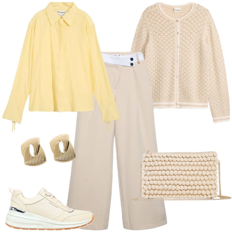 Outfit donna - Colori che illuminano. Stile Casual chic per Tutti i giorni. Abbinamento con cardigans, camicie, borse a tracolla, orecchini, sneakers, pantaloni.