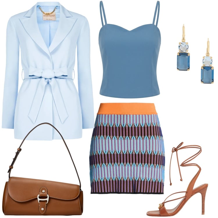 Outfit donna - Dettagli. Stile Casual chic per Serata fuori. Abbinamento con minigonne, blazer, canottiere, borse a spalla, sandali in pelle, orecchini.