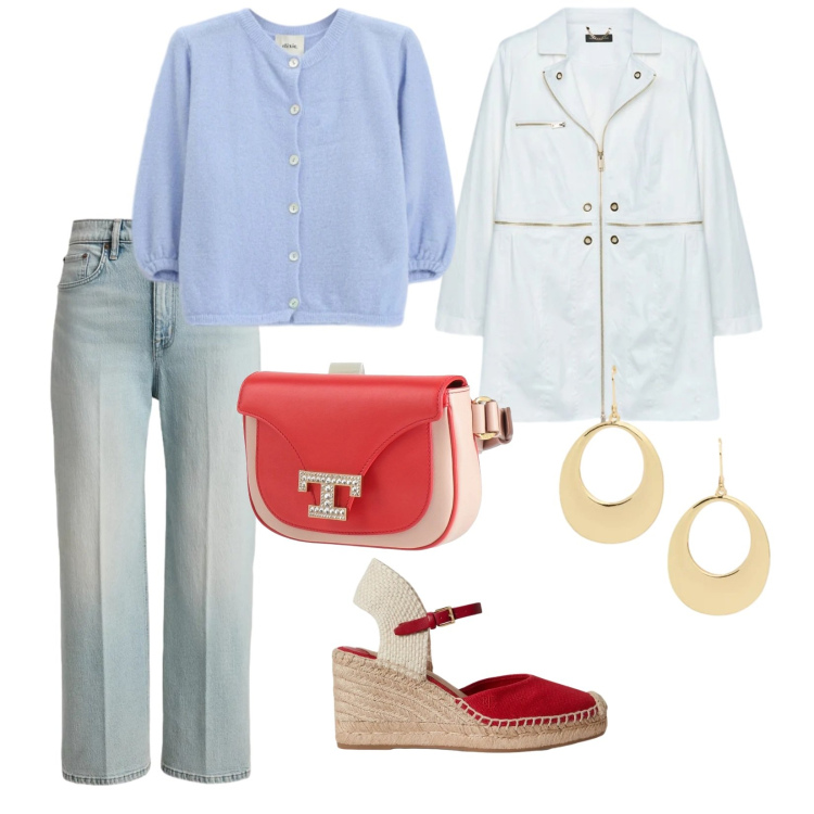 Outfit donna - Aprile. per Mare. Abbinamento con marsupi, cappotti, cardigans, zeppe, orecchini, jeans dritti.
