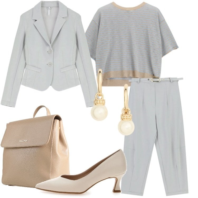 Outfit donna - Il ritorno del grigio - @tiffany22. Stile Casual chic per Ufficio. Abbinamento con zaini, pantaloni, blazer, maglieria, orecchini, décolleté.