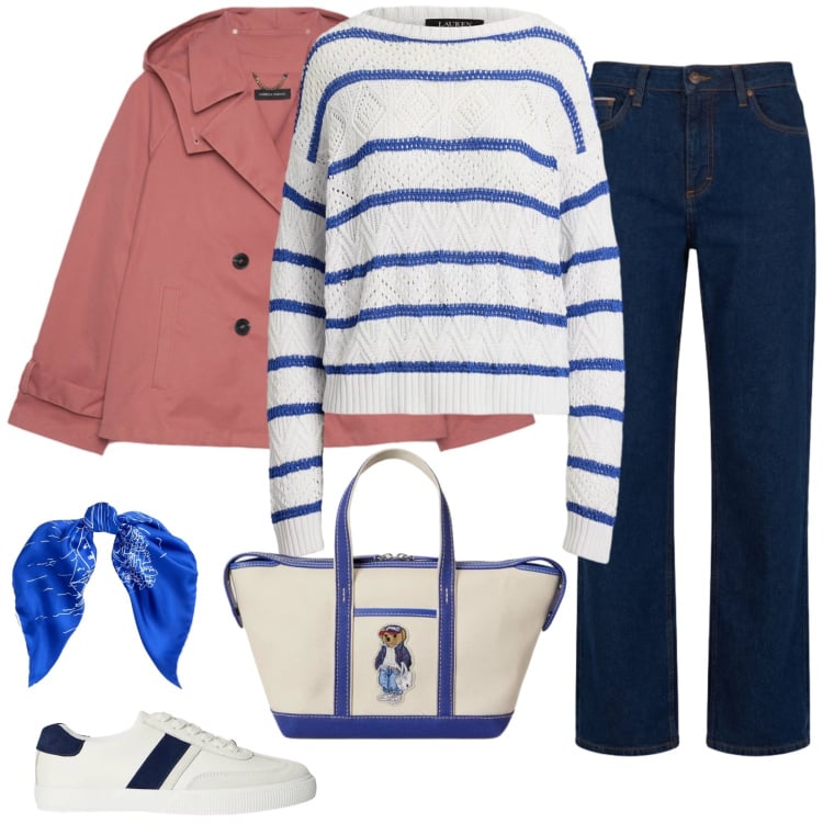 Outfit donna - Nautical Glam. Stile Sporty chic per Tutti i giorni. Abbinamento con trench, jeans, sneakers, borse tote, maglieria, foulard.