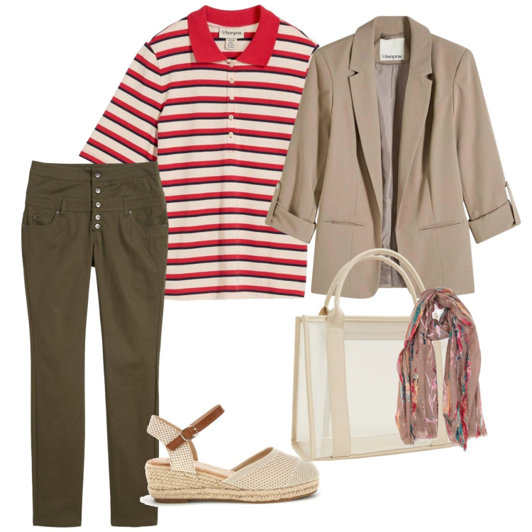 Outfit donna - Aprile. per Tutti i giorni. Abbinamento con pantaloni skinny, blazer, polo, borse tote, zeppe, foulard.