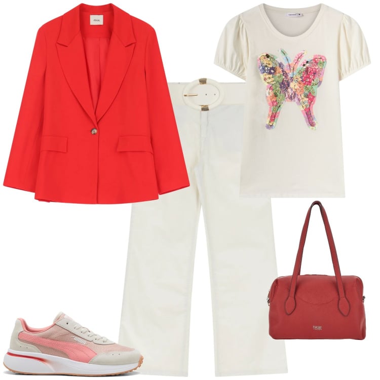 Outfit donna - Casual chic ufficio tempo libero. Stile Casual chic per Tutti i giorni. Abbinamento con blazer, jeans, sneakers, t-shirt, cinture, borse a spalla.