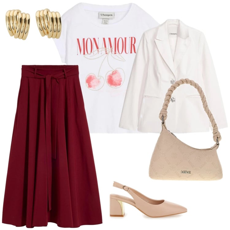 Outfit donna - Aprile. per Ufficio. Abbinamento con t-shirt, blazer, gonne lunghe, orecchini, borse a mano, décolleté.