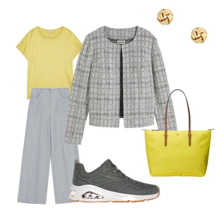 Outfit donna - Grey & yellow. Stile Casual per Tutti i giorni. Abbinamento con cardigans, pantaloni a palazzo, t-shirt, borse tote, orecchini, sneakers.