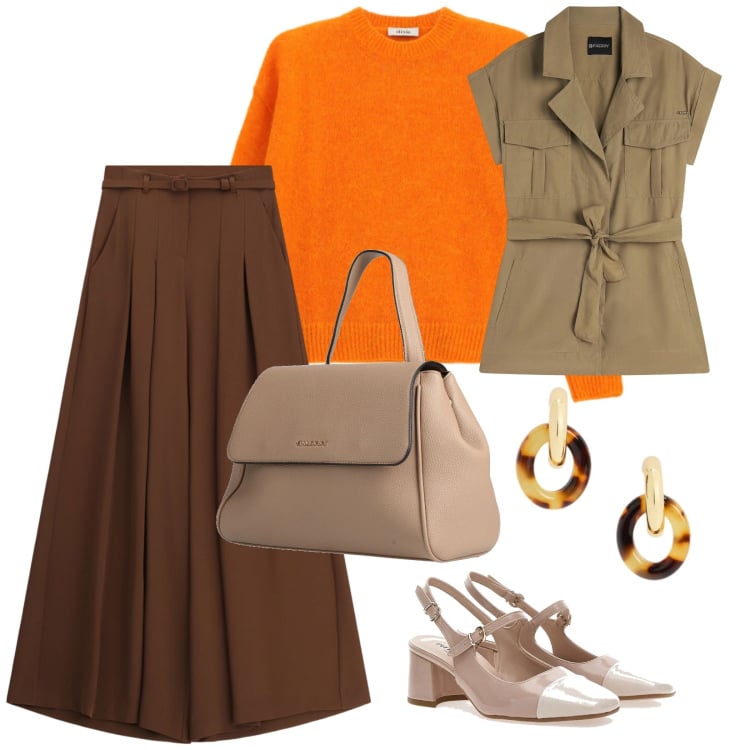 Outfit donna - Aprile. per Ufficio. Abbinamento con zaini, pantaloni a palazzo, maglieria, trench, orecchini, décolleté.