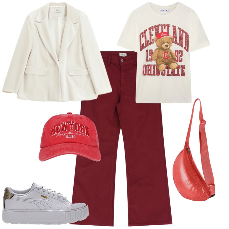 Outfit donna - Sporty chic ufficio tempo libero. Stile Sporty chic per Tutti i giorni. Abbinamento con cappelli, t-shirt, blazer, jeans, borse a tracolla, sneakers.