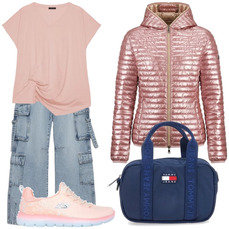 Outfit donna - Vacanze pasquali. Stile Casual per Sport. Abbinamento con t-shirt, piumini, sneakers, borse a tracolla, jeans.