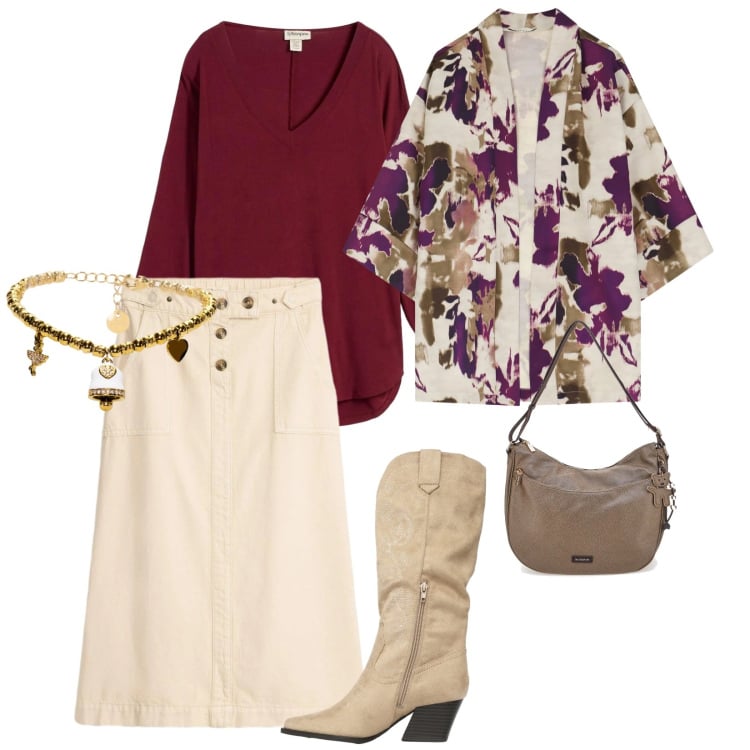 Outfit donna - Aprile. per Mare. Abbinamento con gonne longuette, t-shirt, stivali, cappotti, braccialetti, borse a spalla.