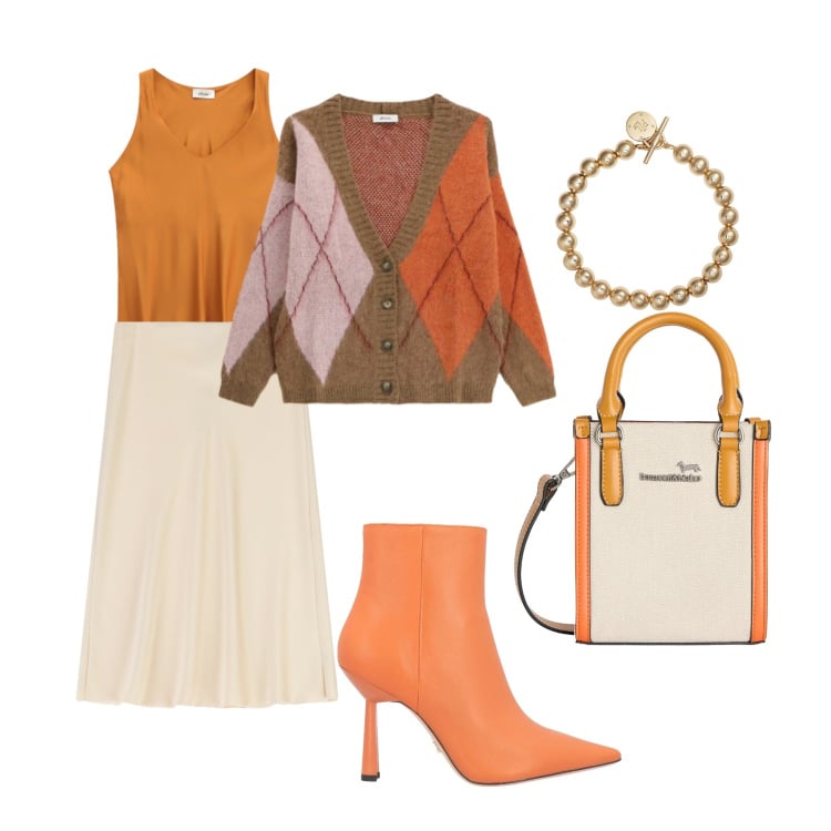 Outfit donna - arancio e beige. Stile Casual chic per Serata fuori. Abbinamento con stivaletti, borse tote, gonne longuette, cardigans, top, braccialetti.
