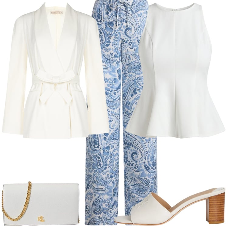 Outfit donna - Eleganza Fluida. Stile Chic per Cerimonia. Abbinamento con blazer, canottiere, sandali in pelle, borse a tracolla, pantaloni.