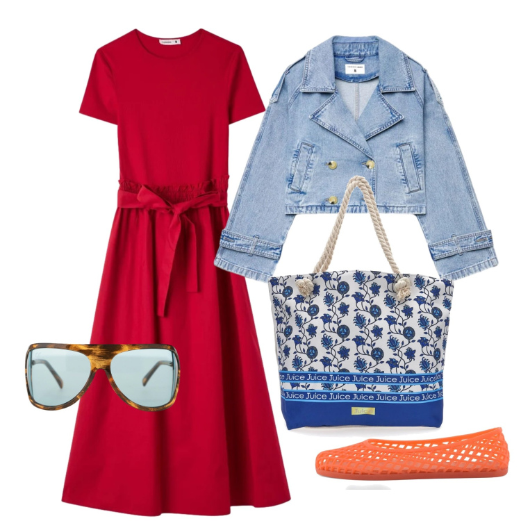 Outfit donna - Aprile. Stile Vintage retrò per Tutti i giorni. Abbinamento con occhiali da sole, vestiti lunghi, shopping bag, caban, ballerine.