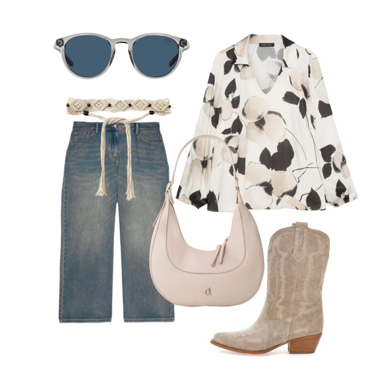 Outfit donna - Aprile. Stile Trendy per Tutti i giorni. Abbinamento con jeans, bluse, borse a tracolla, occhiali da sole, cinture, stivaletti texani.