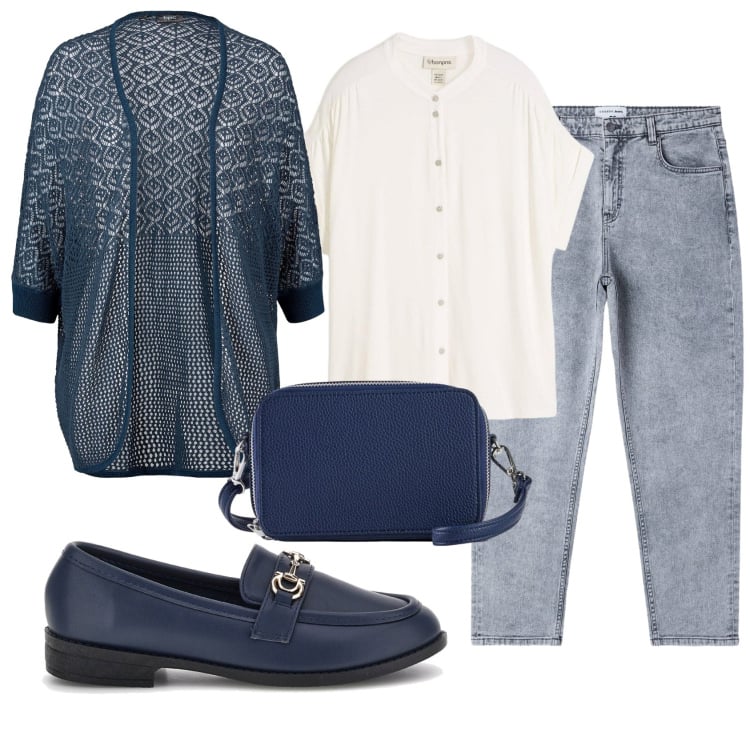 Outfit donna - Total look #2375162. Stile Basic per Ufficio. Abbinamento con cardigans, borse a tracolla, camicie a manica corta, jeans mom, mocassini.