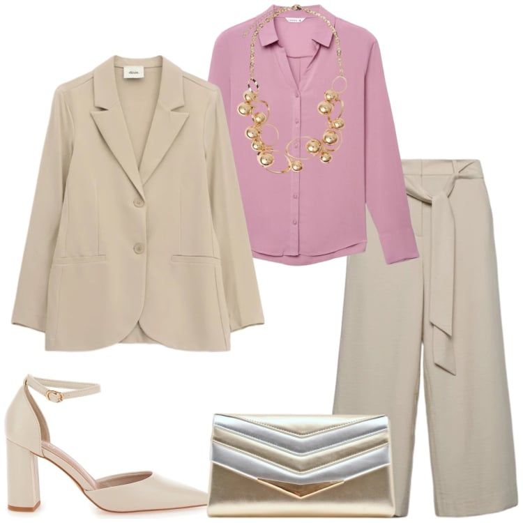 Outfit donna - Total look #2375163. Stile Chic per Cerimonia. Abbinamento con collane, pochette, blazer, camicie, pantaloni a palazzo, décolleté.