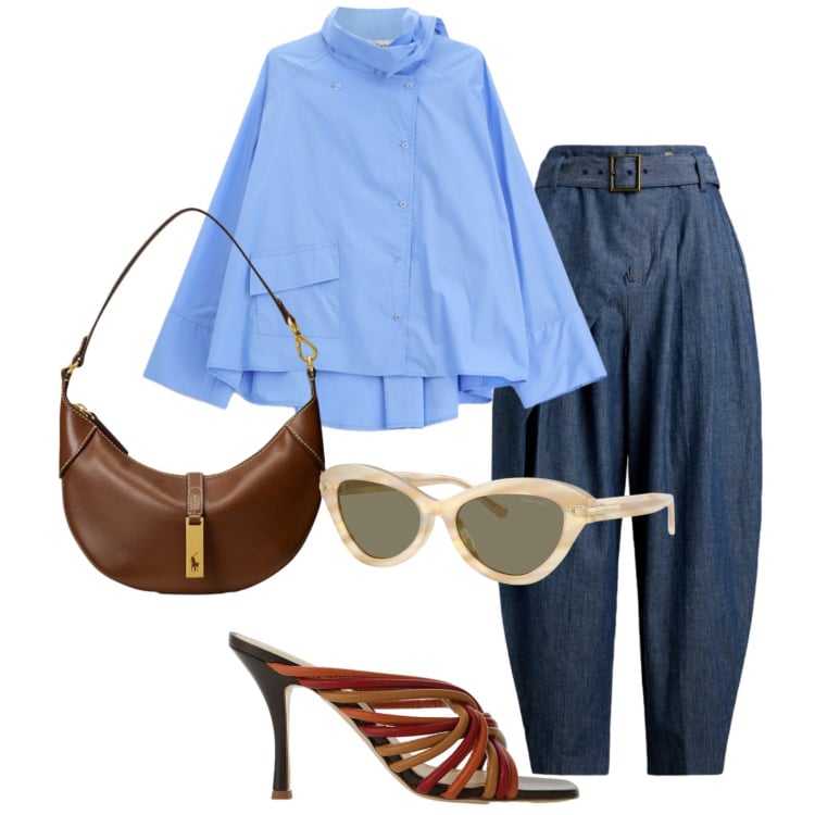 Outfit donna - Stilosa. Stile Glamour per Tutti i giorni. Abbinamento con sandali, camicie, occhiali da sole, pantaloni, borse a spalla.