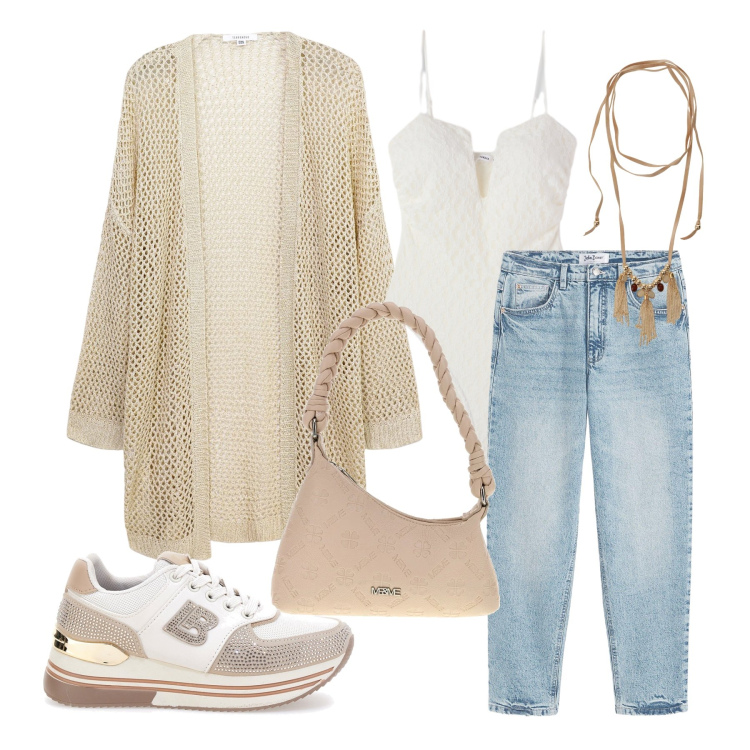 Outfit donna - Aprile. Stile Casual chic per Tutti i giorni. Abbinamento con jeans mom, collane, kimono, sneakers, body, borse a mano.