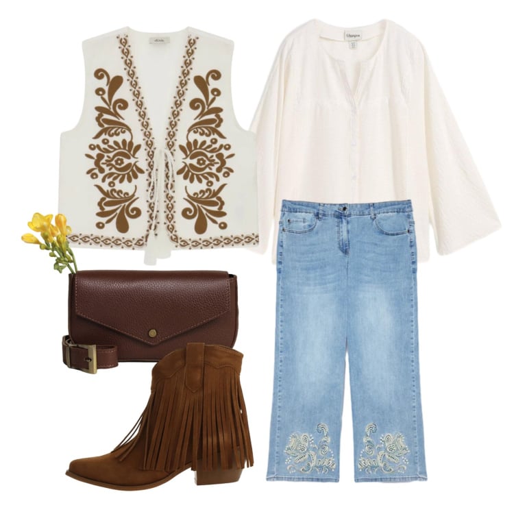 Outfit donna - Aprile. Stile Boho per Tutti i giorni. Abbinamento con bluse, jeans, stivaletti texani, gilet, borse a tracolla.