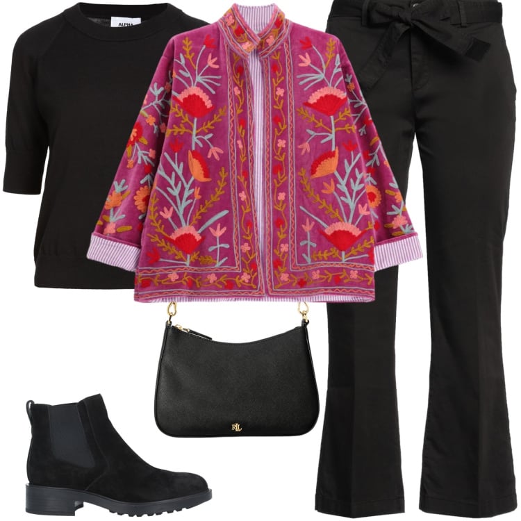 Outfit donna - Accenti di Colore. Stile Urban per Tutti i giorni. Abbinamento con stivaletti chelsea, pullovers, pantaloni, cappotti, borse a spalla.