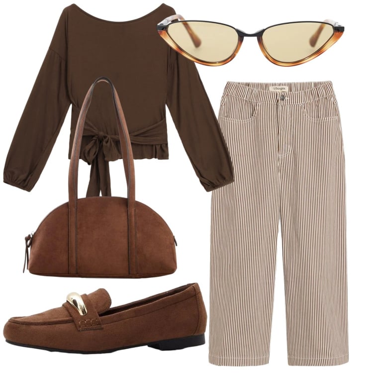 Outfit donna - Total look #2375175. Stile Basic per Ufficio. Abbinamento con pantaloni, borse a tracolla, mocassini, occhiali da sole, top.