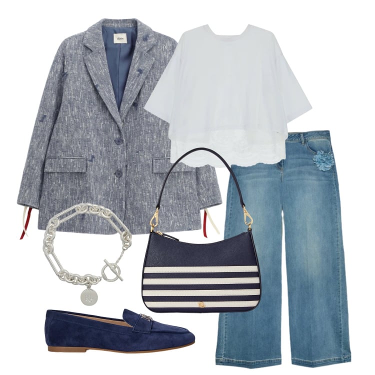 Outfit donna - Aprile. Stile Casual chic per Tutti i giorni. Abbinamento con jeans, blazer, top, braccialetti, mocassini, borse a spalla.