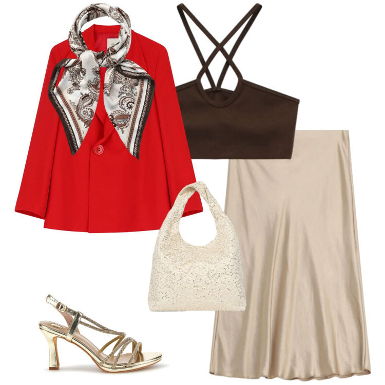 Outfit donna - Total look #2375181. Stile Chic per Serata fuori. Abbinamento con top, gonne, blazer, foulard, borse a spalla, sandali col tacco.