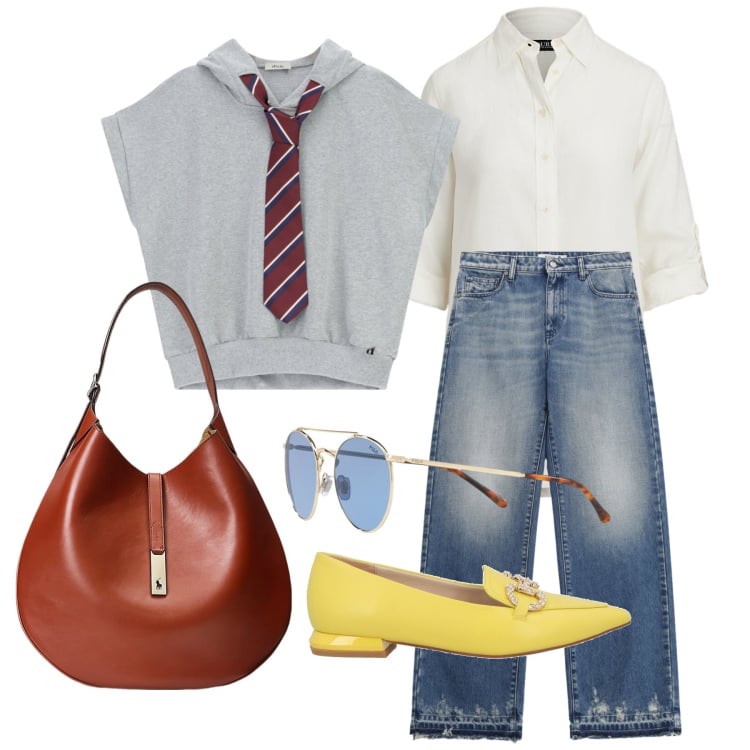 Outfit donna - Aprile. Stile Trendy per Tutti i giorni. Abbinamento con mocassini, felpe con cappuccio, jeans, borse a spalla, camicie, occhiali da sole.