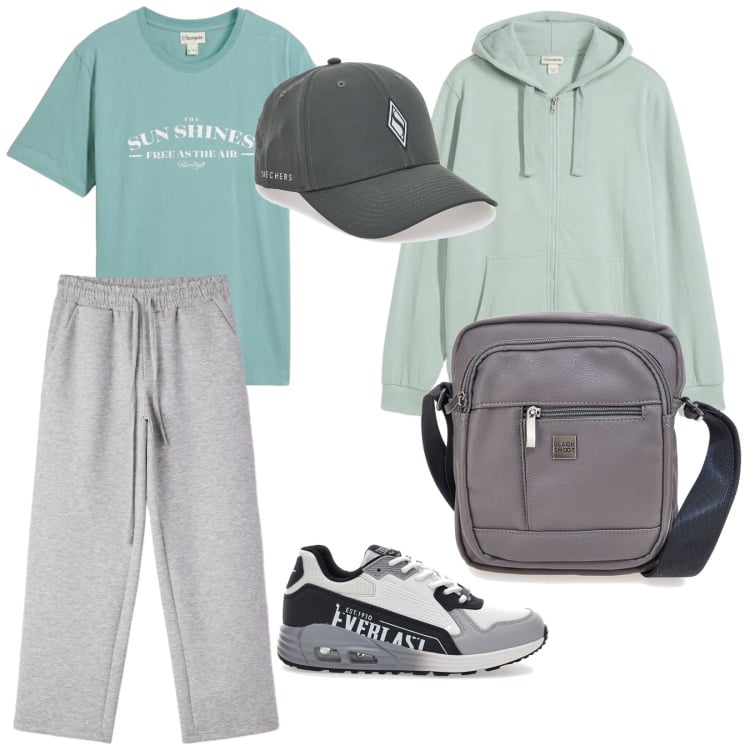 Outfit uomo - In pineta. per Tutti i giorni. Abbinamento con felpe con cappuccio, t-shirt, pantaloni, cappelli con visiera, borse sportive, sneakers.