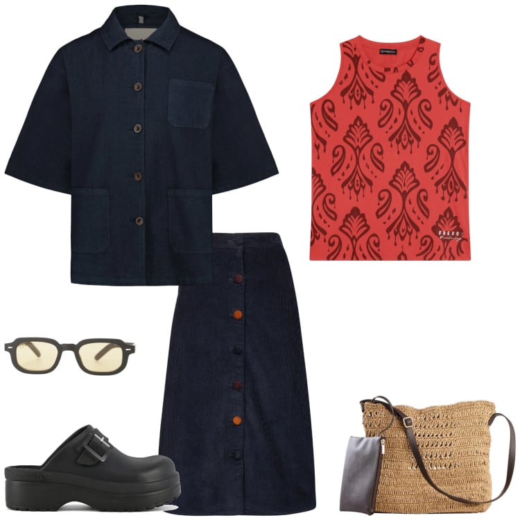 Outfit donna - Casual. Stile Casual per Scuola/Università. Abbinamento con borse a tracolla, occhiali da sole, canottiere, blazer, sandali, gonne longuette.
